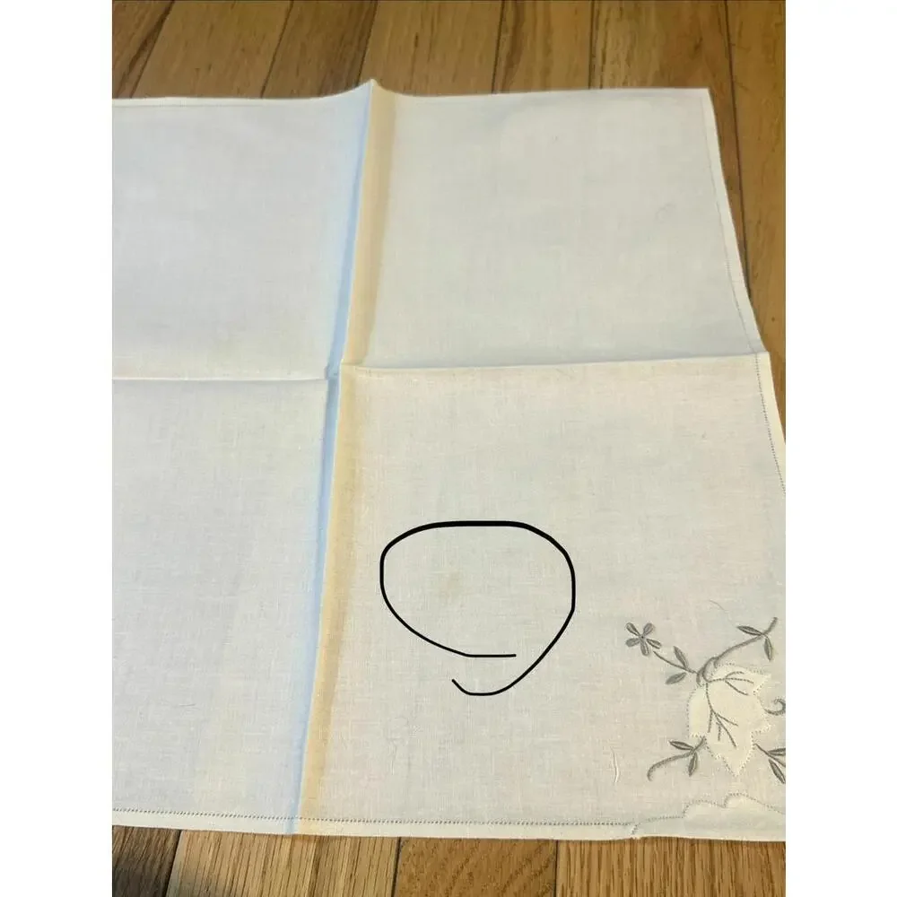 New VTG Madeira Style Round Linen Tablecloth 64.5” + 8 Napkins Appliqué Floral